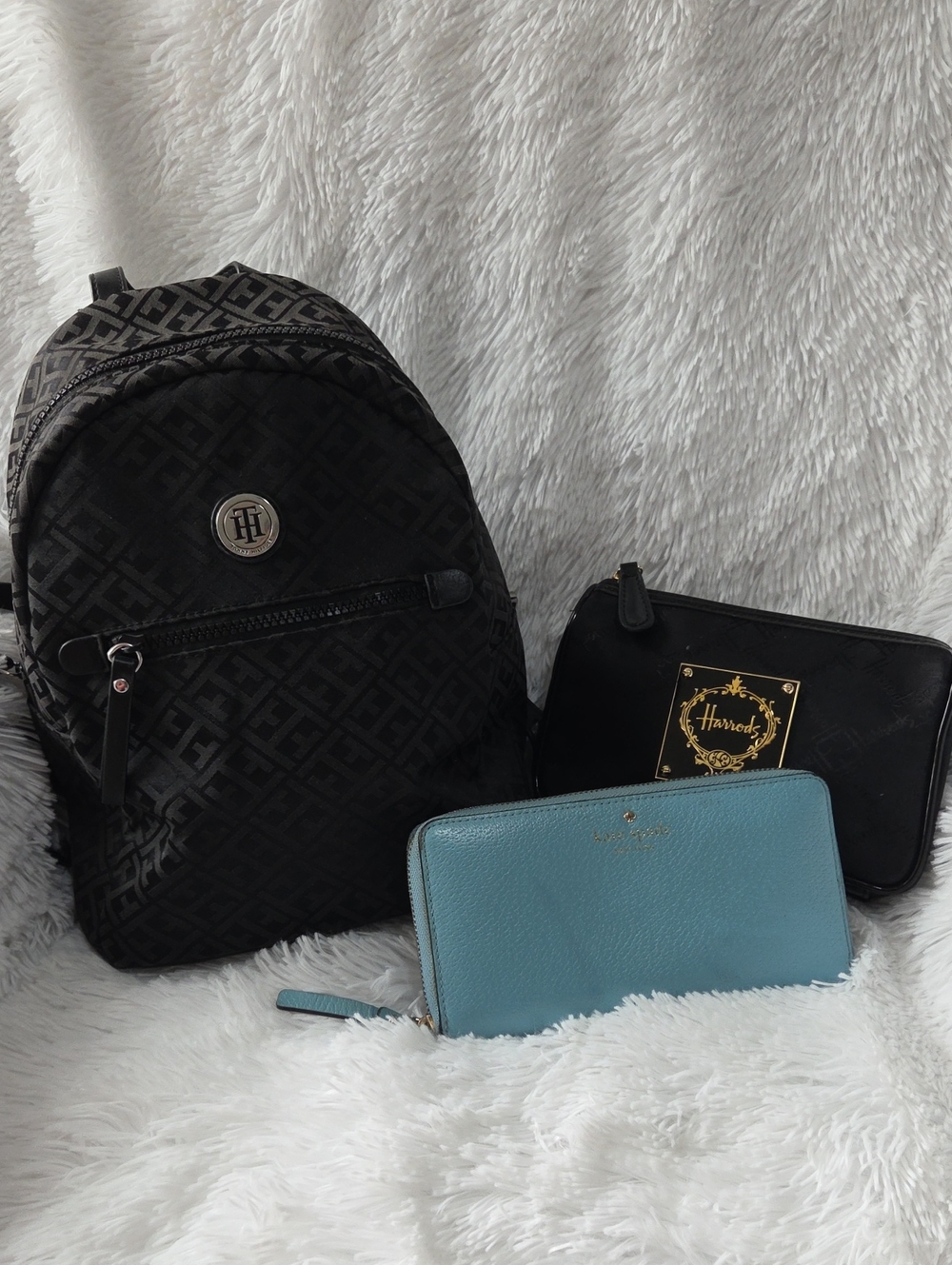 Tommy Hilfiger Black Logo Backpack with Black Harrods Pouch and Blue Wallet